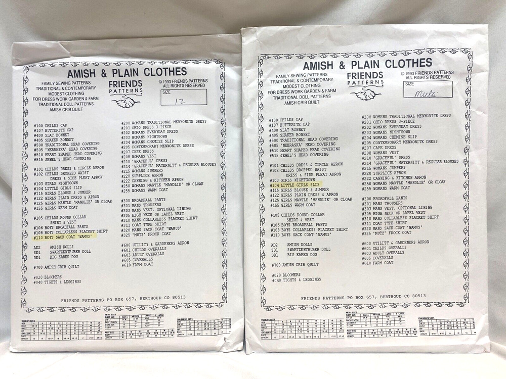2 Amish & Plain Clothes friends patterns #104 Girl's Slip, #110 Boys Sack Coat